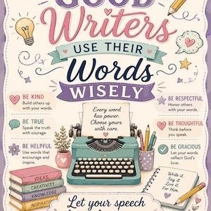 Puede incluir: Un póster decorativo que presenta una máquina de escribir color verde azulado, una pila de libros etiquetados como Ideas, Creativity, Knowledge e Inspiration, y un bloc de notas con el texto Write it. Say it. Live it. For Him. El póster incluye el título Good Writers Use Their Words Wisely y varias frases inspiradoras.