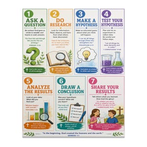 May include: A colorful educational poster titled The Scientific Method, featuring seven numbered steps with illustrations including a question mark, magnifying glass, lightbulb, beakers, bar graph, clipboard, and two children sharing results.
