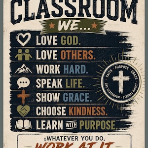 May include: A rectangular wall sign with a distressed dark background featuring the text IN THIS CLASSROOM WE... followed by seven lines of icons and phrases including LOVE GOD, LOVE OTHERS, WORK HARD, SPEAK LIFE, SHOW GRACE, CHOOSE KINDNESS, and LEARN WITH PURPOSE. A circular emblem with a cross and the words FAITH, PURPOSE, GRACE, ETERNAL IMPACT, and ONE CLASSROOM is on the right. The bottom includes the text WHATEVER YOU DO, WORK AT IT WITH ALL YOUR HEART, COLOSSIANS 3:23.