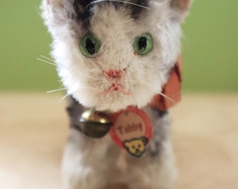 v.Rare US Zone Tagged Steiff Antique Tabby Cat w/IDs, Bell, Ribbon,1949 only, German Art and Collectibles Toy Miniature Doll Sized Kitty EXC