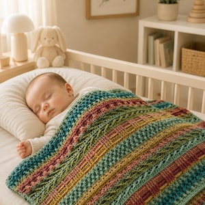 Puede incluir: Una manta de bebé tejida a ganchillo a mano con un patrón texturizado de rayas horizontales en tonos verde azulado, verde salvia, amarillo mostaza y rosa empolvado. La manta cubre a un bebé dormido sobre una almohada blanca en una cuna.