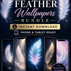 May include: Digital download bundle of 10 feather wallpapers. The image features a dark background with gold text that reads "10 Feather Wallpapers Bundle". The wallpapers are displayed on phone screens, with a beautiful calming aesthetic.