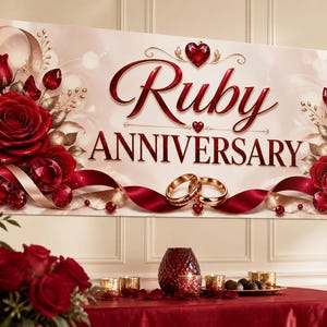 May include: A rectangular banner featuring the text Ruby ANNIVERSARY in dark red script and serif font. The design includes deep red roses, faceted ruby-like gems, and two gold wedding rings intertwined with flowing red ribbons on a cream background.