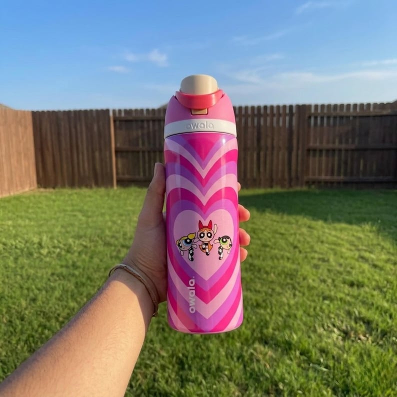 May include: A pink and purple Owala water bottle with a heart-shaped design and the Powerpuff Girls cartoon characters. The bottle has a flip-top lid and a handle. The background is a green lawn and a wooden fence.
