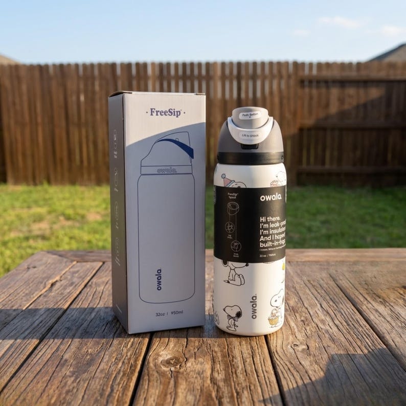 May include: A white Owala FreeSip water bottle with a black and white Snoopy design, next to its box. The bottle has a gray lid and a black band with text. The box and bottle both have the Owala logo and the text "32 oz / 950ml".