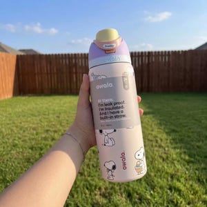 May include: A light pink and lavender Owala FreeSip water bottle with a Snoopy design. The bottle has a built-in straw and text that reads "Hi there. I'm leak proof. I'm Insulated. And I have a built-in straw."