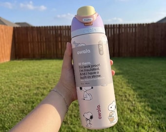 Custom Handmade Print Snoopy Inspired Owala Water Bottle, 32oz Insulated Tumbler, Unique Dog Lover Gift