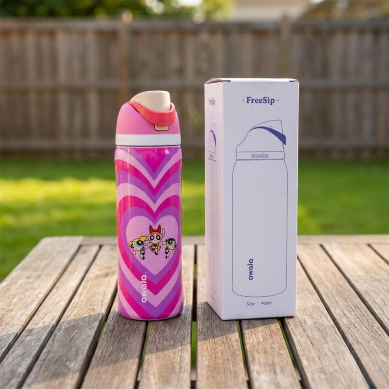 May include: A pink and purple insulated water bottle with a heart design and the Powerpuff Girls characters. The bottle has a pink lid and a white box with the text "FreeSip" and a bottle outline.