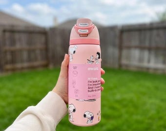 Handmade Custom Snoopy Pink Water Bottle, 32oz Insulated Tumbler with Straw Lid, Cute Dog Print Spring Gift for Her, Leak Proof Travel Mug