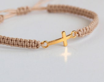 Cross bracelet, Beige nude color layered macrame bracelets, Christian jewelry, Anniversary or birthday gift