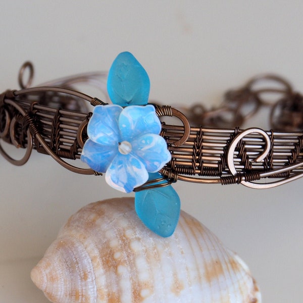 Wire wrapped wrist cuff bracelet for women, Bronze wire woven jewellery for women, Opalite flower and blue leaves