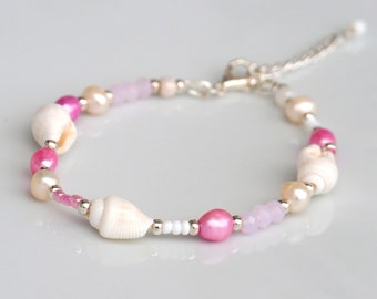 Pink Pearl and shell beaded bracelet, Wedding summer jewellery, Bridal bracelets, Romantic Anniversary gift for her, Womens gift