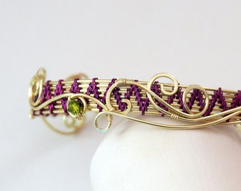 Wire wrapped cuff bracelet, Gold tone cuff, wire woven cuff