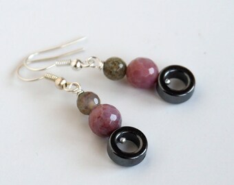 Gemstone earrings with Hematite and Agate beads, Anniversary gift for her, Boho jewelry