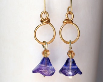 Purple glass flower earrings, gold tone long earwire earrings, anniversary gift for her, dangle earrings