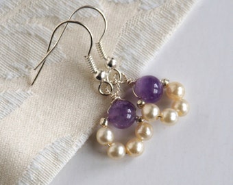 Amethyst earrings, Wedding pearl earrings, Bridal jewellery, Small dangle earrings, Anniversary gift for her, Gift for women