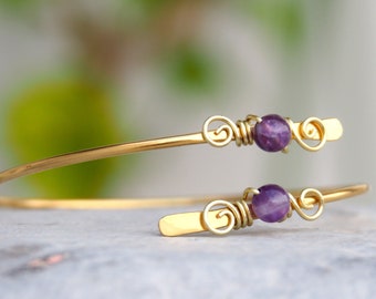 Amethyst brass wire bracelet,  Minimalist Greek jewelry, Gemstone cuffs, Anniversary Gift for women