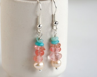 Colorful gemstone earrings, Freshwater pearl earrings, Wedding earrings, Bridal jewellery, Anniversary gift for her, Gift for women