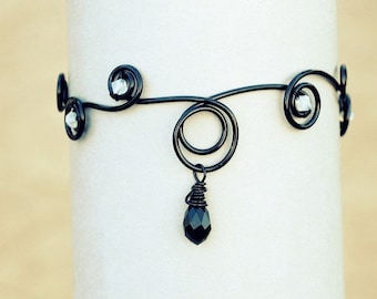 Black Wire Arm Cuff: Gothic Upper Arm Bracelet with Crystal Beads