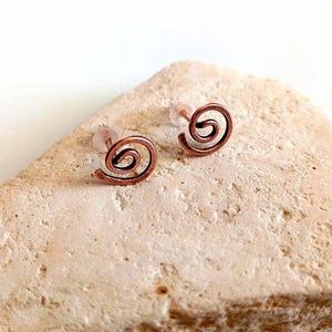 Handmade Spiral Copper Stud Earrings, Antiqued Rustic Boho Jewelry