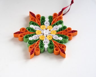 Snowflake Ornament, Star, Spring Home Decoration, Mothers Day Gift, Valentines Day, 3D Paper Quilling Art, Green, Orange