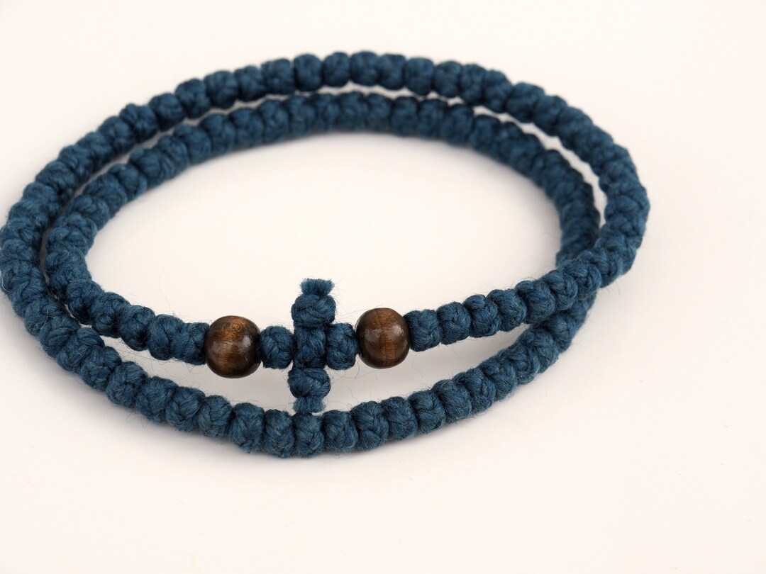 Komboskini Bracelet 100 Knots, Dusty Blue Christian Orthodox Prayer Rope With Wooden Beads and