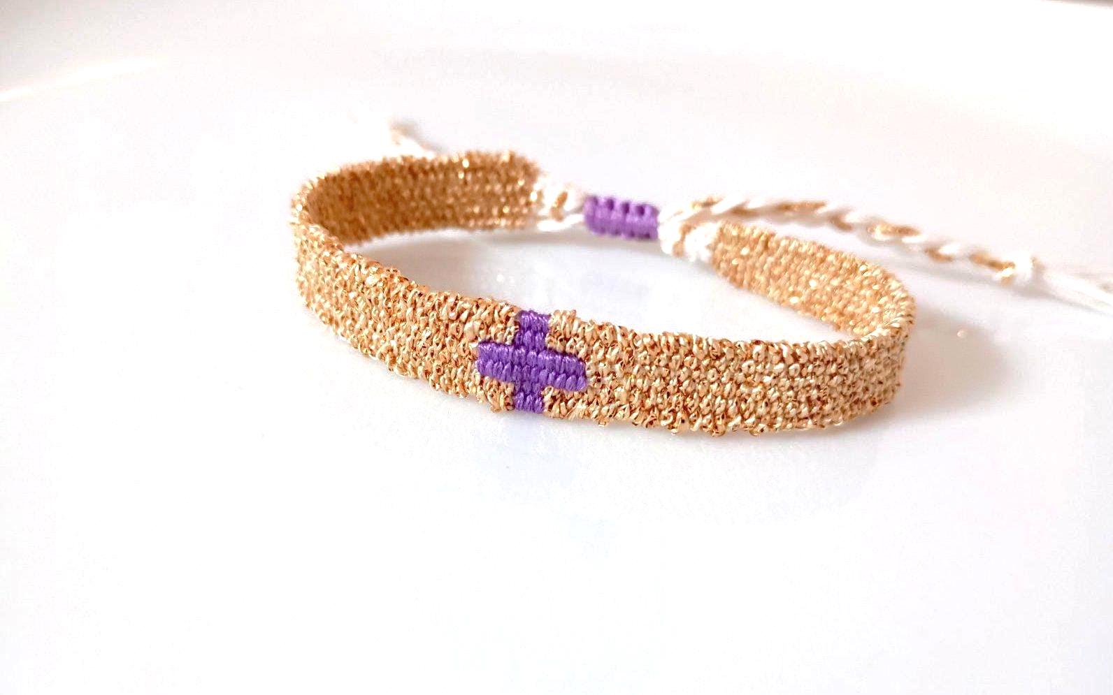 Purple Gold Cross Bracelet, Handwoven Christian Bracelet, Orthodox Prayer Bracelet, Handmade Woven Bracelet, Adjustable Faith Gift