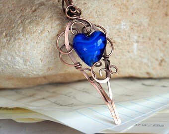 Blue heart pendant, Copper wire pendant, Wire wrapped necklace, Anniversary gift for women