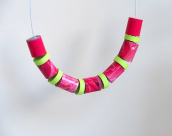 Rose necklace, Color block jewelry, Statement upcycled necklace, Fuchsia green Minimalist necklace, Eco friendly gifts