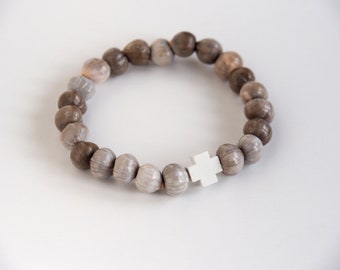 Job's tears or Virgin Mary's tears prayer beads bracelet with white wooden cross