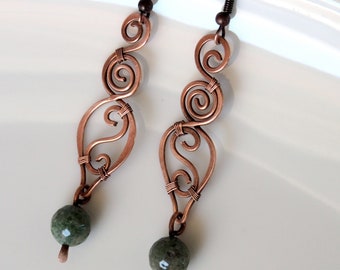 Copper earrings with Indian Agate gemstone beads, Rustic jewelry, Simple dangle beaded earrings, gift for women, Summer boho style jewelry