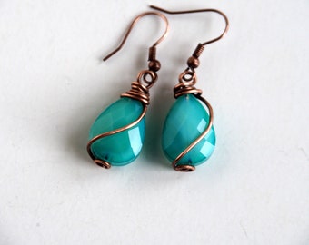 Milky teal green earrings, Copper earrings, Summer boho jewelry