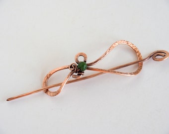 Copper hair barette with green glass bead, Hair pin, Long hair accessories, Gift for women