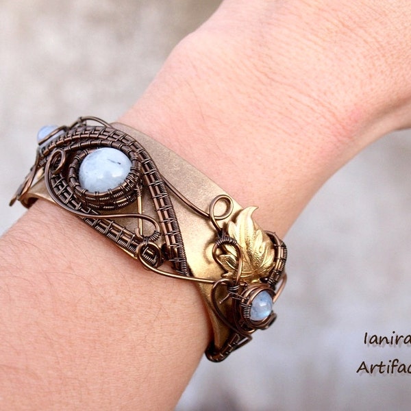 Moonstone wire wrapped steampunk bracelet cuff in gunmetal and bronze