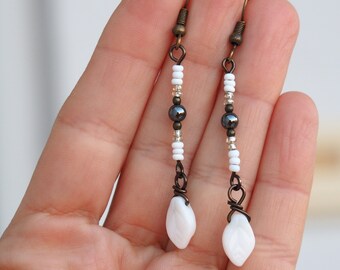 Long boho earrings with white leaf, Line earrings, Gemstone Hematite earrings, Ethnic style jewelry