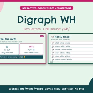May include: An educational digital slide deck titled Digraph WH, featuring two interactive slides. The left slide, Feel the puff, compares W and wh sounds. The right slide, Roll & Read, lists words like what, whip, and whale. The design uses teal, white, and pink accents with text indicating 53 slides for Google Slides and PowerPoint.