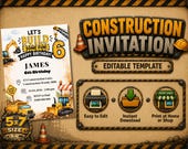 Construction 6th Birthday Invitation Boy | Editable Construction Invite | Truck Party Canva Template