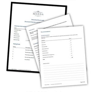 May include: A white paper interview scorecard with black text titled Interview Scorecard ~ Structured Interview + Candidate Evaluation. The document includes sections for interview information, a rating scale, instructions, and an overall evaluation.