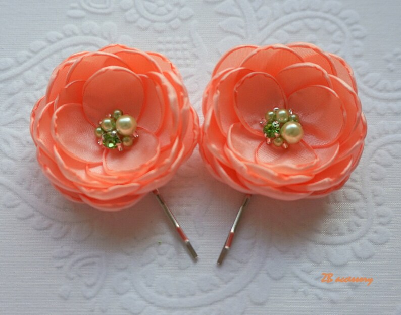 peach shoe clips bridal hair clip sew on ornaments pins bridesmaid accessories grips Wedding flowers Peach mint fabric hair flowers