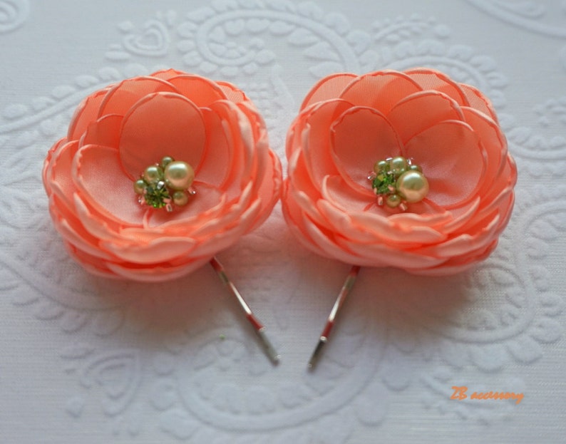 peach shoe clips bridal hair clip sew on ornaments pins bridesmaid accessories grips Wedding flowers Peach mint fabric hair flowers