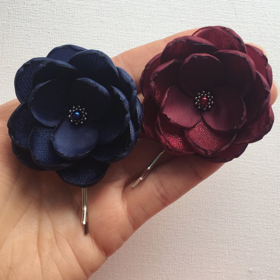 Burgundy Navy Blue Fabric Flower Wedding Hair Clips Etsy