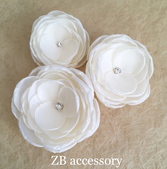 SMALL 6cm BLACK FABRIC HAIR FLOWER SLIDE GRIP PIN WITH 0.8cm CRYSTAL CENTRE