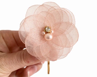 Rose gold organza flower hair clip, dusty rose flowers, brooch, bridal shoe clips, sew on dress or sash ornaments, bobby pins, hair clips