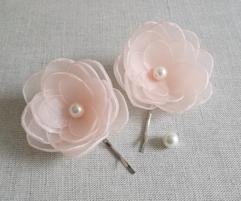 Pale pink peach nude organza flowers bridal hair clip pin Etsy