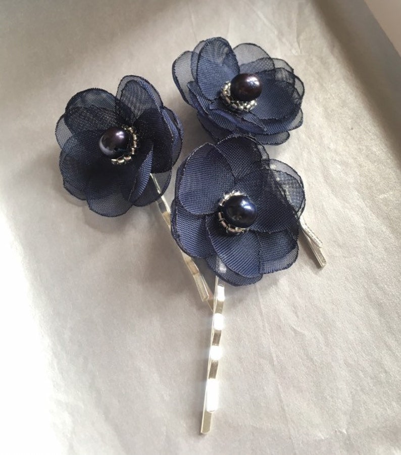 bridesmaid hair pins wedding flowers Navy blue hair pins transparent hair pins handmade accessories navy blue sew on ornaments