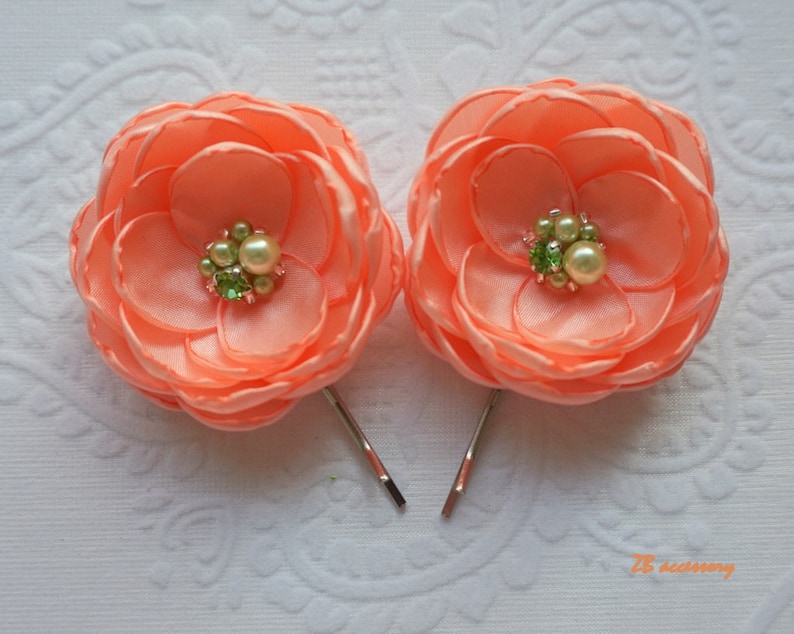 peach shoe clips bridal hair clip sew on ornaments pins bridesmaid accessories grips Wedding flowers Peach mint fabric hair flowers