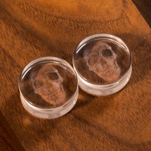 May include: A pair of circular ear plugs made of clear, transparent material. Each plug features a detailed, etched white skull design visible through the smooth, rounded surface of the glass-like material, creating a layered visual effect.