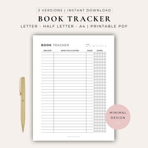 Puede incluir: Un documento de seguimiento de libros imprimible con columnas para fecha de finalización, título y autor del libro, páginas y un sistema de calificación por estrellas. El encabezado dice BOOK TRACKER. Un bolígrafo dorado está a la izquierda.