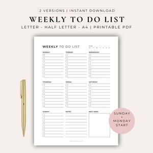Minimalist Weekly To Do List Printable | Weekly Planner PDF | Productivity Planner | Simple Weekly Organizer | US Letter A4 Half Letter