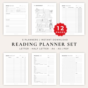 Puede incluir: Un conjunto de planificadores de lectura digitales de 12 páginas con seis diseños distintos, incluyendo Book Review, My Bookshelf, Book Tracker, Book Wishlist, Reading Log y Reading Tracker. Las plantillas en blanco y negro incluyen líneas, cuadrículas y estrellas.